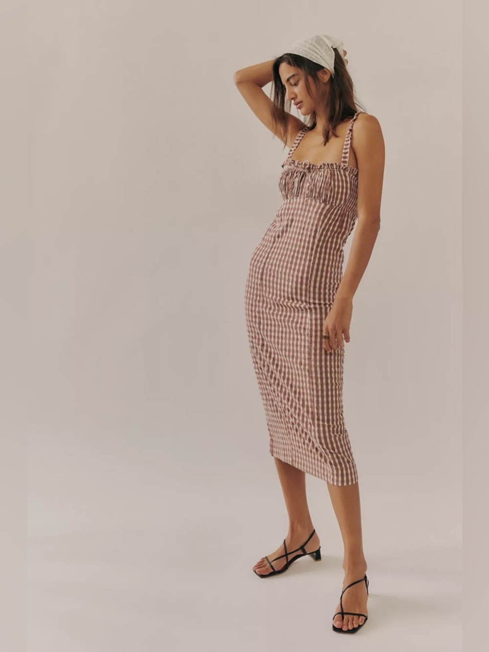 Free People Lucinda Gingham Cocoa Brown Midi Dress Size Small NWT